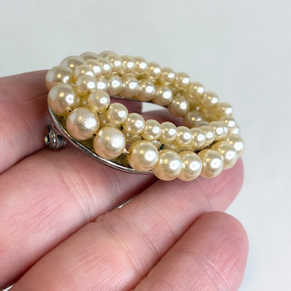 Vintage Faux Pearl Brooch Pin Set Gold Silver Tone Oval Rectangle 2pc Estate - Picture 8 of 13